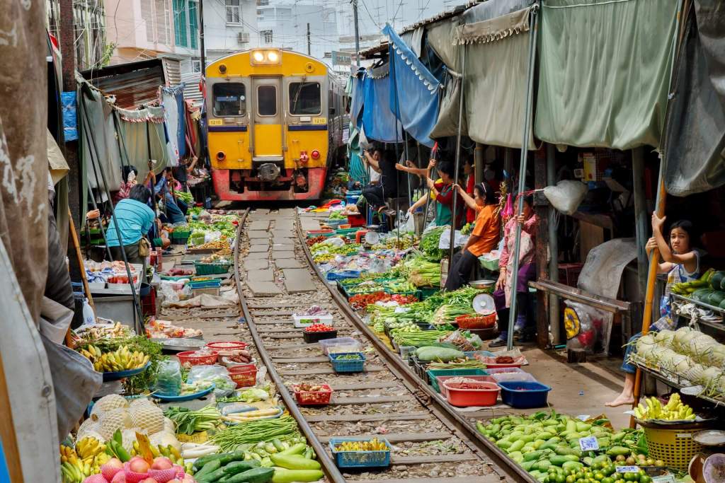 Mae Klong Railway Market (Talad Rom Hub), Samut Songkhram: Market on the Tracks. 