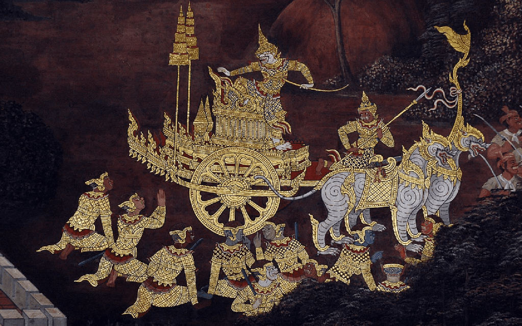 Hanuman on his chariot, a scene from the Ramakien in Wat Phra Kaew, Bangkok.
